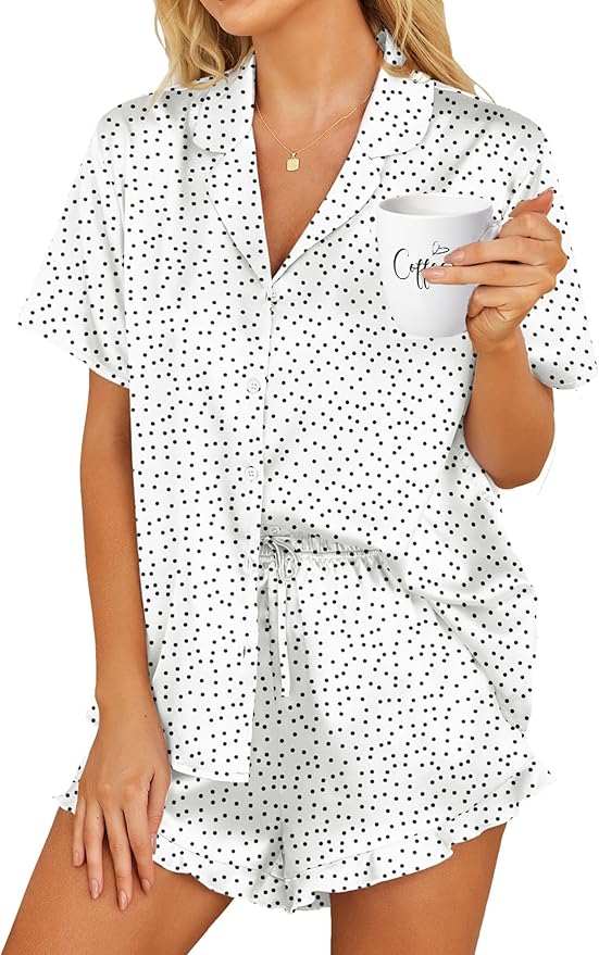 HOTOUCH Womens Satin Pajamas Set Button Down 2 Piece Silk Pjs Shorts Set Ruffle Lingerie Notch Collar Sleepwear