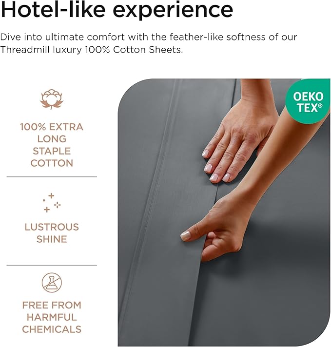 Threadmill 100% Cotton Sheets for Queen Size Bed - 600 Thread Count Queen Bed Sheets Set with 16” Deep Pocket - Sateen Weave 4-Piece Bedding Set with Cooling Effect, Dark Grey