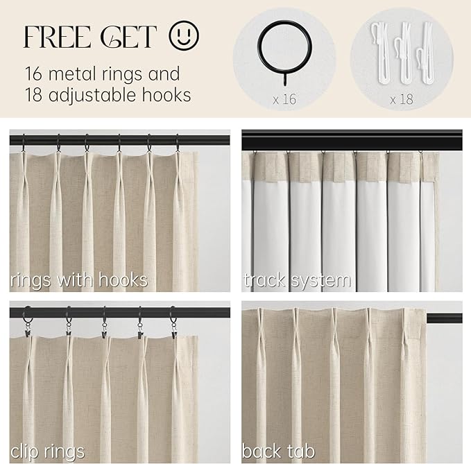 Topfinel 94 Inches Long Cream Colored Custom Blackout Linen Curtains, Beige Pinch Pleated Noise Cancelling Curtains with Pin Hooks for Traverse, Burlap Viral Drapes 2 Panels for Living Room Bedroom