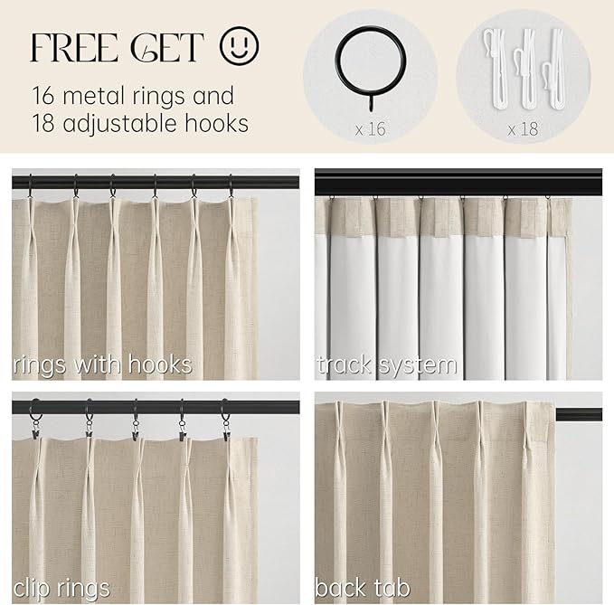 Topfinel Extral Wide Curtains, Cream Pinch Pleated 100% Blackout Linen Luxury Drapery with Hooks for Patio Sliding Door Large Window Living Room Track System, 72" Wx102 L 1 Panel