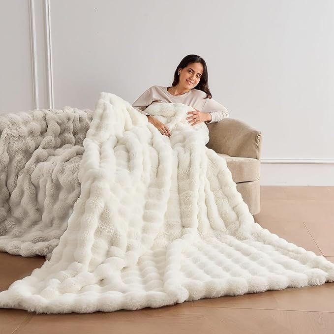 Fluffy Blanket for Couch Soft Luxury Faux Rabbit Fur Throw Blanket Cozy Fuzzy Plush Bubble Thick Warm Decorative Throw for Bed, Sofa (Throw Size 50''x60'', Cream White)