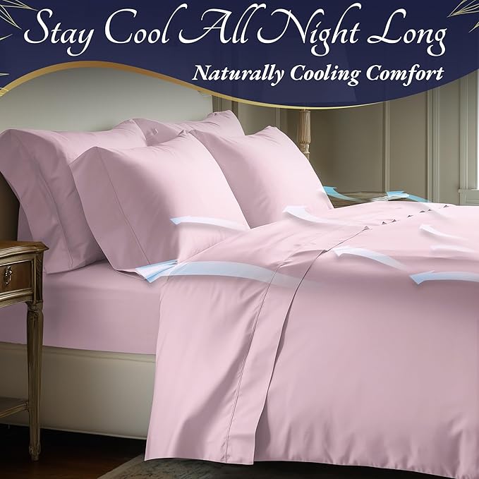 DECOLURE 100% Viscose Derived from Bamboo Sheets Cal King Size 4pcs - Ultra Soft & Luxuriously Cooling, 17" Deep Pocket,Double Stitching,Perfect for Hot Sleepers - King Bed Sheets (Light Pink)