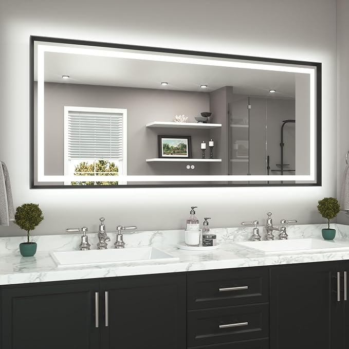 TETOTE 72 x 32 Large Bathroom Mirror Brushed Black Metal Frame Frontlit & Backlit Vanity Mirror 3 Colors White/Warm/Natural Stepless Dimmable Anti-Fog Bathroom Mirrors for Vanity Wall-Mounted