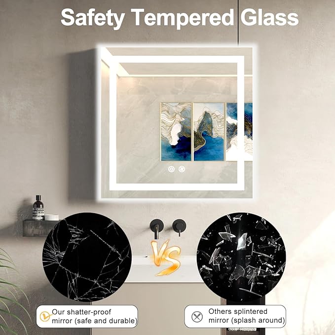 36 X 36 Inch Square LED Bathroom Vanity Mirror, 3 Colors Light Dimmable, Wall Mounted Memory Lighted Makeup Mirror with Anti-Fog Touch Switch (Front-lit&Backlit)