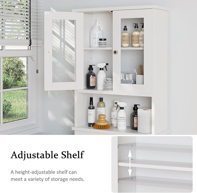 Meilocar Over The Toilet Storage Cabinet, Bathroom Storage Organizer Over Toilet with Glass Doors, Over Toilet Cabinet for Bathroom, Laundry Room, White