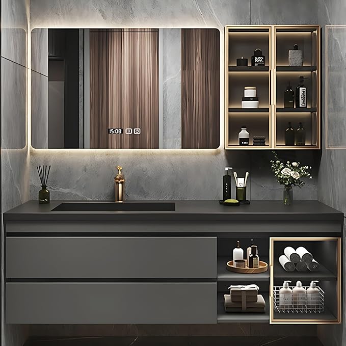 Bathroom Vanity with Sink - Luxury Bathroom Vanities, Floating Vanity with Smart Defogging Mirror, Multi-Layer Solid Wood Material - Complete Accessories (80")