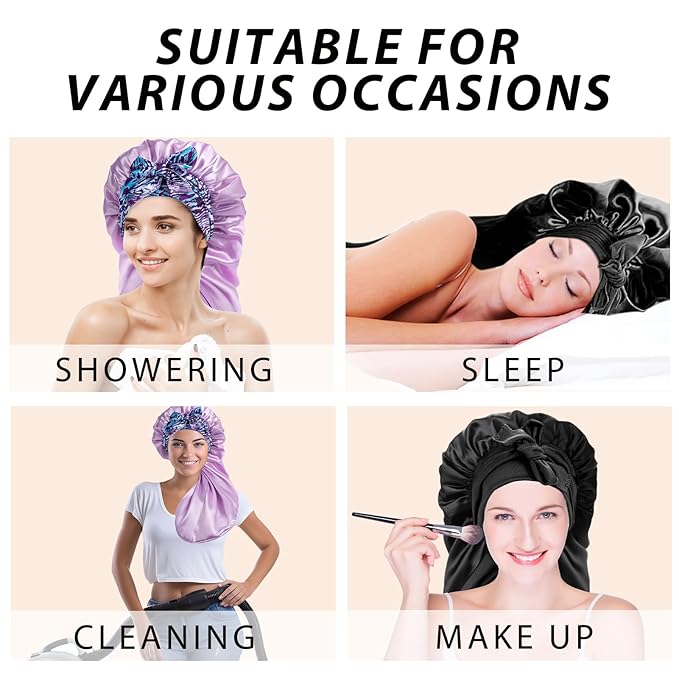 2Pcs Bonnets for Black Women Braid Bonnet, Large Long Satin Silk Bonnet for Braids,Black Women Braid Bonnet with Stretchy Tie Band for Sleeping Extra Long (Black&Light Purple Pattern