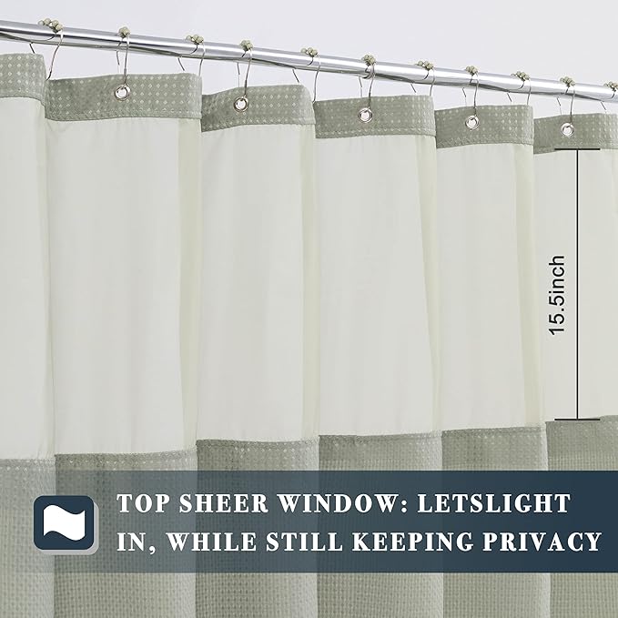 N&Y HOME Extra Long Waffle Weave Shower Curtain with Snap-in Fabric Liner & Hooks Set - 71" x 84", Hotel Style & Mesh Top Window, Machine Washable - 71x84 Inches, Sage Green