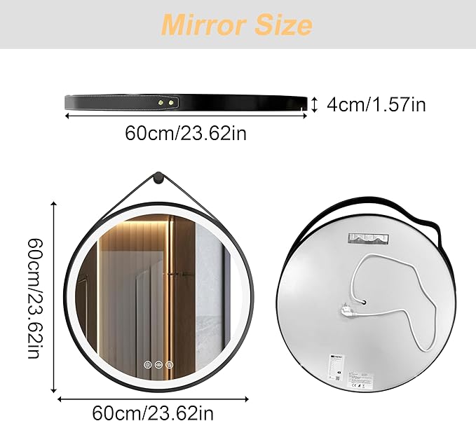LUVODI Lighted LED Bathroom Mirror: 24” Round Wall Mounted Hanging Vanity Mirror with Front Light - Large Dimmable 3 Colors Makeup Mirror with Black Frame Sensor Touch Anti Fog for Bedroom Entryway