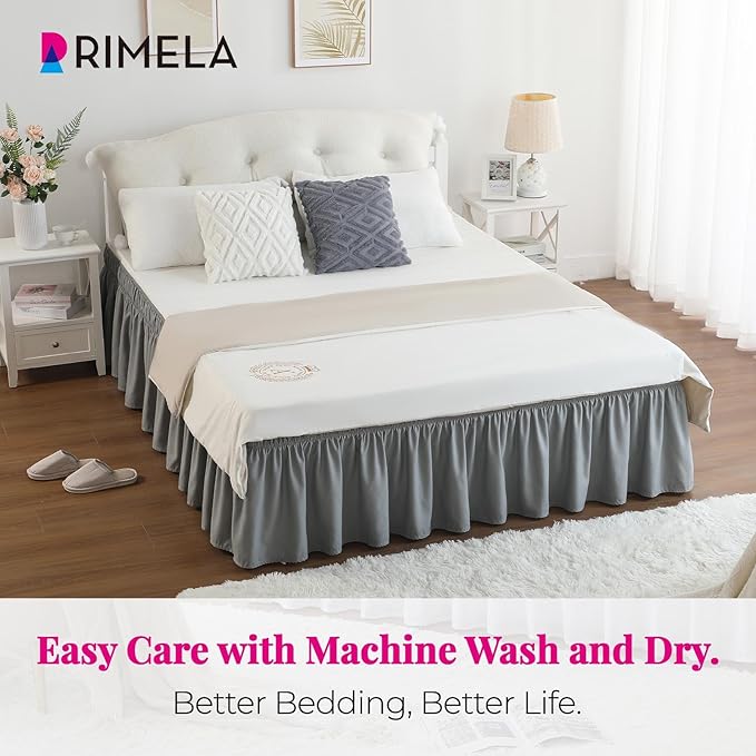 RIMELA Light Grey Bed Skirt Queen Size 16 Inch Drop, Elastic Bed Skirting for Bed Base and Frame, Bedding Dust Ruffle Easy to Install, Lightweight Comforter Set with Wrap Around Adjustable Bedskirt