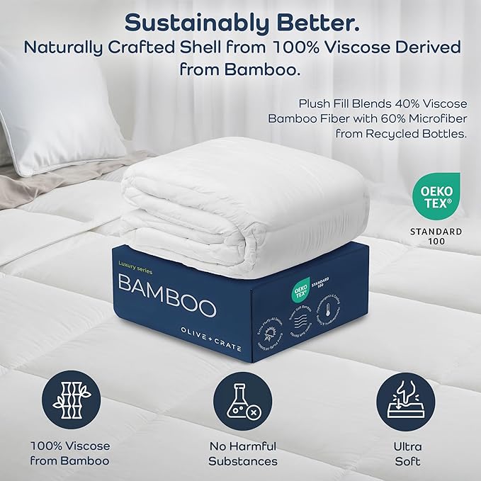 Olive + Crate 100% Cooling Bamboo Comforter from Viscose - Twin XL Size - Hypoallergenic, Breathable & Moisture-Wicking Bedding - All Season Lightweight Plush Design - Organic Bamboo White Comforter