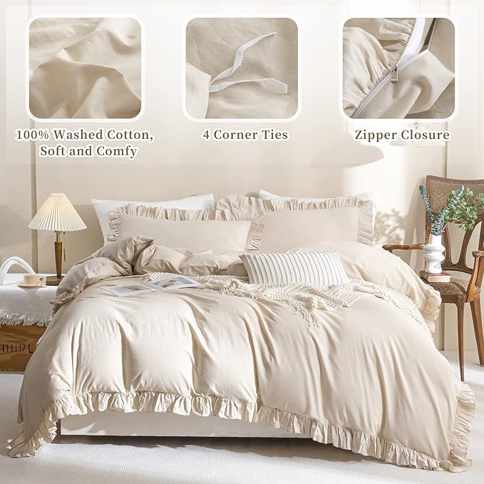 QSH Washed Cotton Duvet Cover King Ruffle Duvet Cover Linen Feel Textured Farmhouse Shabby Vintage Chic Bedding Comforter Cover 3 Pieces Aesthetic Elegant King Bedding