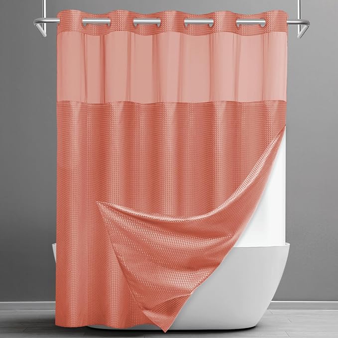 No Hook Shower Curtain with Snap in Liner Set Waffle Shower Curtain for Bathroom Hotel Style Fabric Waterproof Inner Liner，71" W x 74" H, Coral