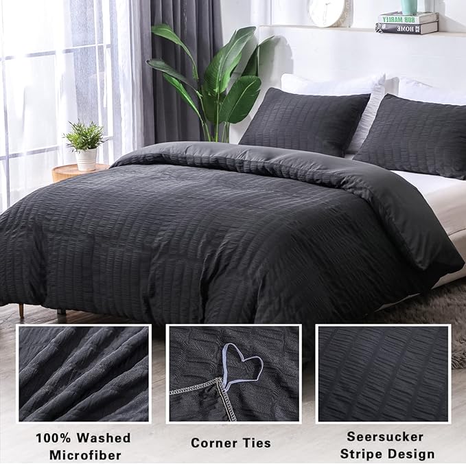 AveLom Seersucker Duvet Cover Set Queen Size (90 x 90 inches), 3 Pieces (1 Duvet Cover + 2 Pillow Cases), Black Ultra Soft Washed Microfiber, Textured Duvet Cover with Zipper Closure, Corner Ties