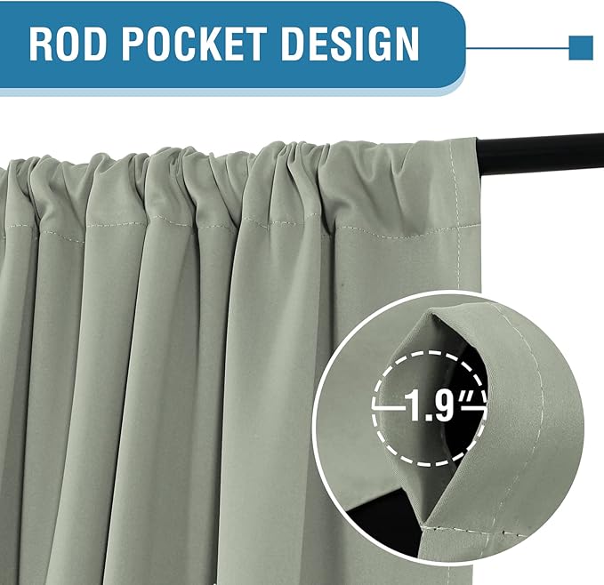 H.VERSAILTEX 100% Blackout Curtains for Bedroom Thermal Insulated Blackout Curtains 96 Inches Long Rod Pocket/Clip Rings Curtains for Living Room with Black Liner 2 Panels, Light Sage