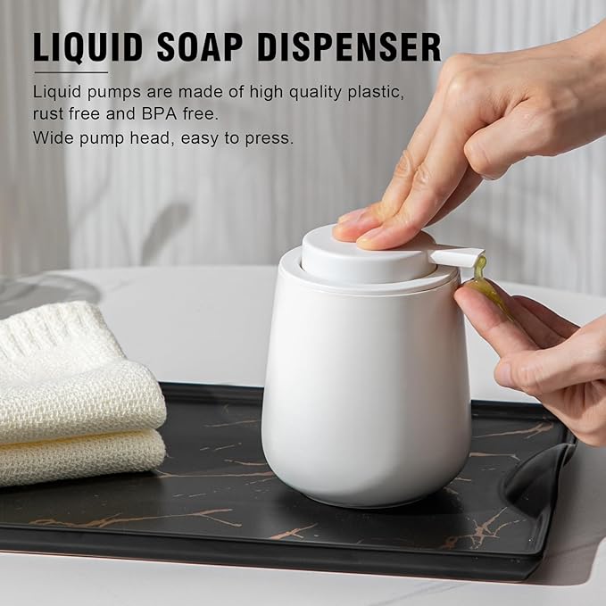 Ceramic Bathroom Accessories Set,Includes Liquid Soap Dispenser, Toothbrush Holder, Soap Dish, Cotton Swab Jar,Bathroom soap and Toothbrush Holder Set,Classic Design(White Set - Liquid)