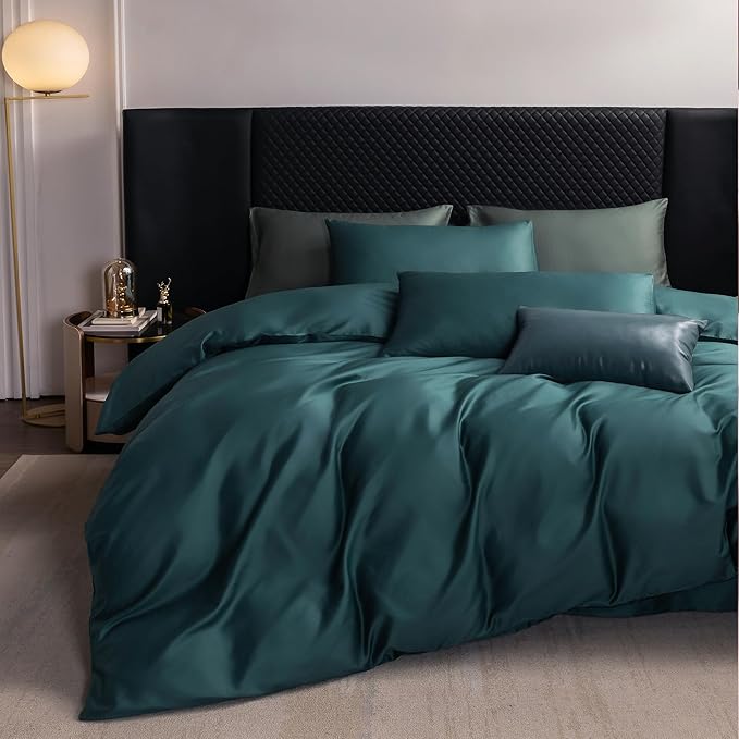 MooMee Duvet Cover Set 100% Extra Long Staple Cotton 600 Thread Count Silky Sateen Smooth Luxury Soft Breathable Durable Hotel Quality Bedding, 3 Pieces (Teal Green, Full 80"x90")