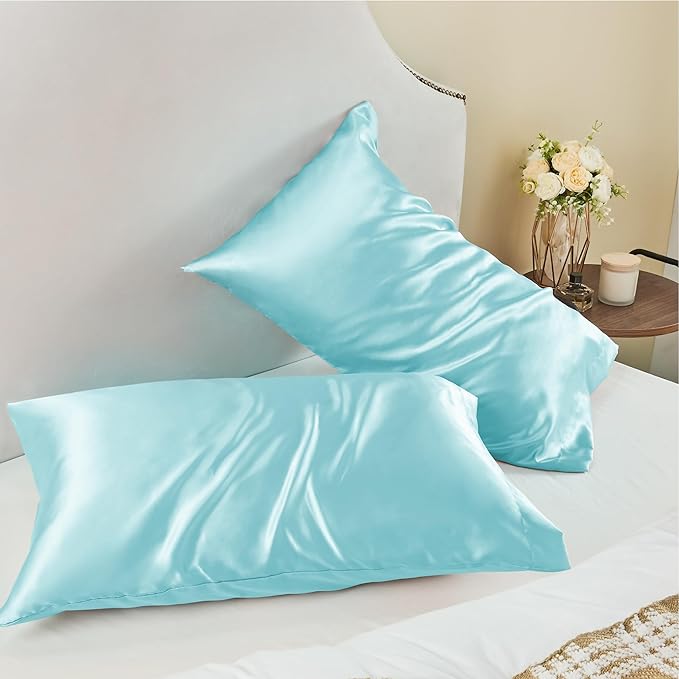 BEDELITE Satin Pillowcase for Hair and Skin, Super Soft and Cooling Similar to Silk Pillow Cases 2 Pack with Envelope Closure, Gift for Women Men(20"x26" Standard Size, Blue)