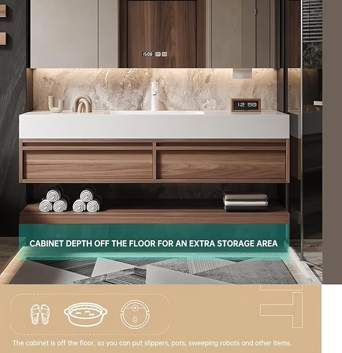 52" Bathroom Vanity, Floating Bathroom Vanity with Sink, Solid Wood Vanities with Smart Defogging Mirror Cabinet, Slate Countertop and Faucet, Wall Mount Bath Furniture Cabinet with Drawers (Walnut)