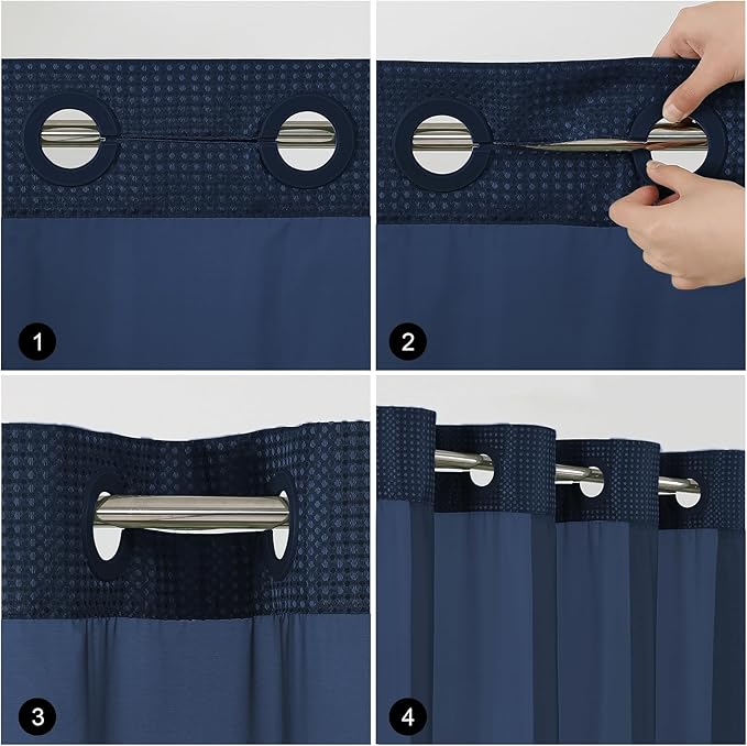 Colorful Star No Hook Shower Curtain with Snap in Fabric Liner, Waffle Weave Heavy Duty Thick Shower Curtains with Mesh Top Window, Hotel Style Waterproof Bathroom Curtain Set, 72 x 81 Inch, Navy Blue