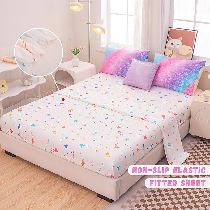 Rainbow Bedding Set Queen Size – 6-Piece Reversible Girls Comforter with Deep-Pocket Sheet, Gradient Galaxy Design, Whole-Piece Filling, Machine Washable Bed-in-a-Bag for Kids Room Makeover & Gifts