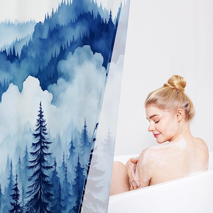 Navy Blue Small Stall Misty Pine Forest Shower Curtain 36 x 72, Mountain Foggy Woodland Scenery Tree Narrow Half Size Shower Curtains for Bathroom, Abstract Waterproof Nature-Themed Decor