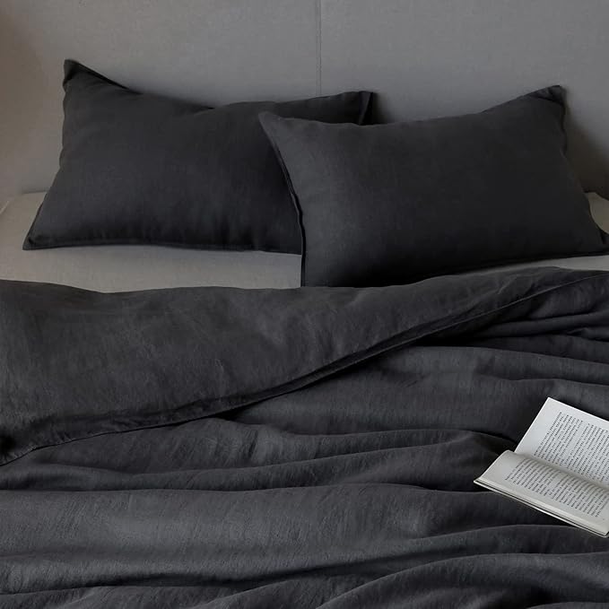 XZ XIFA Dark Grey 100% Linen Duvet Cover King Size Bedding Set, Cooling Duvet Cover with Natural Washed French Flax, Soft, Breathable, Textured Duvet Cover (1 Duvet Cover, 2 Pillowcases)