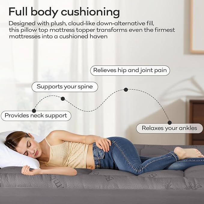 OLANLY California King Mattress Topper, Viscose Made from Bamboo, Cooling Soft Pillow Top Mattress Pad for Back Pain Relief, Plush Down Alternative Fill Bed Topper with Elastic Deep Pocket, Light Gray