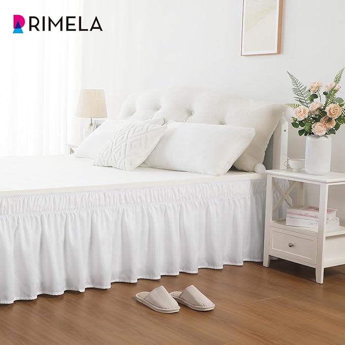 RIMELA White Bed Skirt King Size 15 Inch Drop, Elastic Bed Skirting for Bed Base and Frame, Bedding Dust Ruffle, Lightweight Wrap Around Adjustable Bedskirt, Cal King