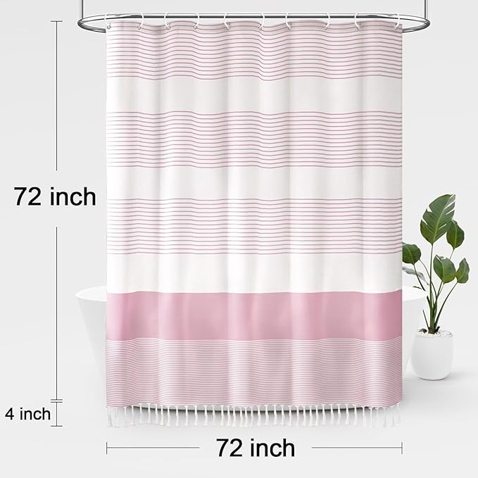 Awellife Boho Pink Shower Curtain for Bathroom Stripe Tassel Shower Curtain 72 X 72 Inches Farmhouse Cotton Girls Coral