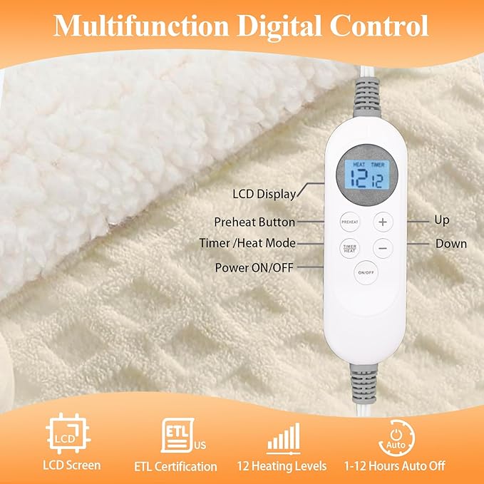 Heated Blanket Electric Throw, 50"X60" Waffle Heating Blanket with 12 Heat Levels, Fast Heating Blanket with 1-12 Timer Settings, Overheat Protection with ETL & FCC for Home Office Sofa (Milky White)
