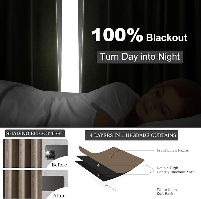 Topfinel Extra Long Total Blackout Linen Curtains 108 Inches Long for Living Room Large Window with Hooks Rings, Pinch Pleated Cold Blocking Acoustic Heavy Taupe Track Curtains 2 Panels 9 FT