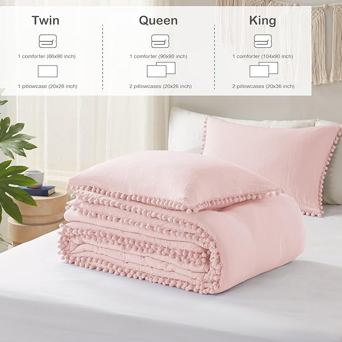 Codi Blush Full/Queen Comforter Set - Boho Aesthetic Bedding with Luxurious Pom Fringe, Soft Washed Microfiber 3pc Set for Adults, Couple-Friendly Lightweight Design, 1 Comforter & 2 Pillow Shams
