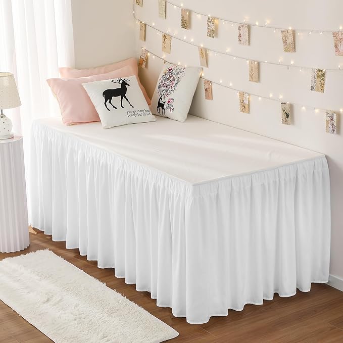 RIMELA Dorm Bed Skirt Twin XL 22 Inch Drop, Extra Long Wrap Around Elastic Bed Skirts Easy to Put On Twin Size Dust Ruffle, White Bedskirt for Adjustable Bed Base Solid Silky Fabric Machine Washable