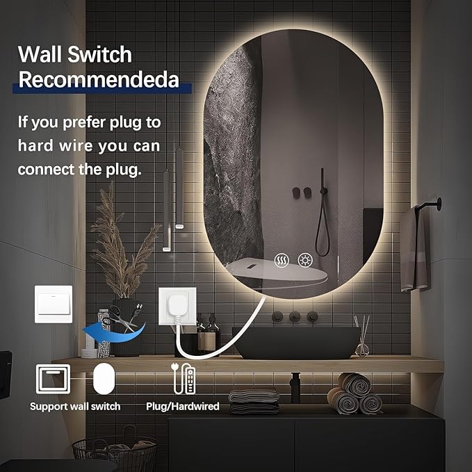 Niccy Oval LED Bathroom Vanity Mirror, 40x24inch Frameless Backlit Mirror with Light, Smart Anti-Fog Mirror with Memory Function Dimmable Lighted Mirror