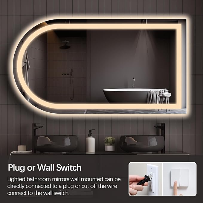 Niccy Arched LED Bathroom Mirror, 55x30 Arch Wall Mounted Frameless Bathroom Mirror for Vanity, Smart Lighted Frontlit Mirrors with Memory Function for Bathroom Bedroom Beauty Hair Salon
