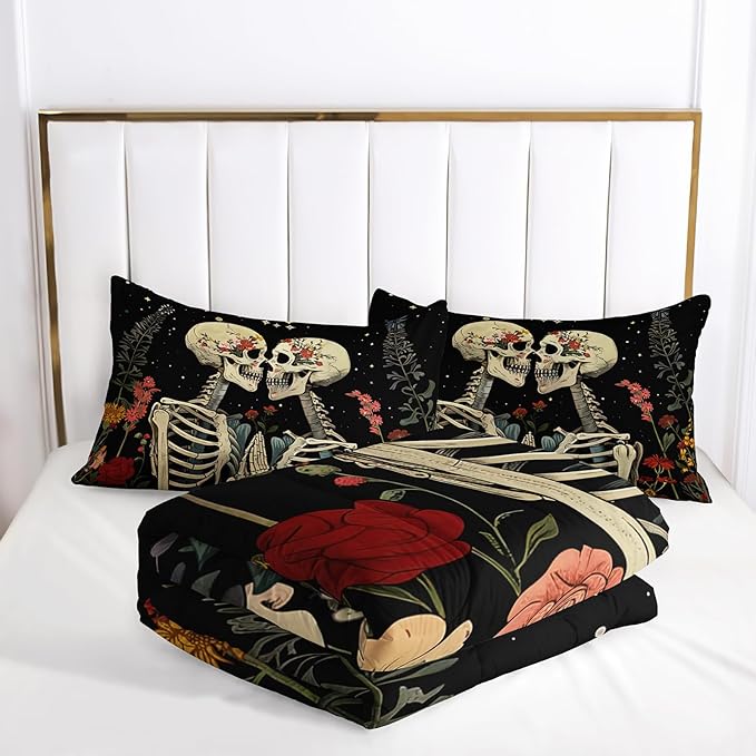 Black Gothic Skull Flower Full Comforter Set，Quilt Full Size Bedding Set Gothic，with 1 Comforter with 2 Pillow Case，Skull Room Decor for Bedroom