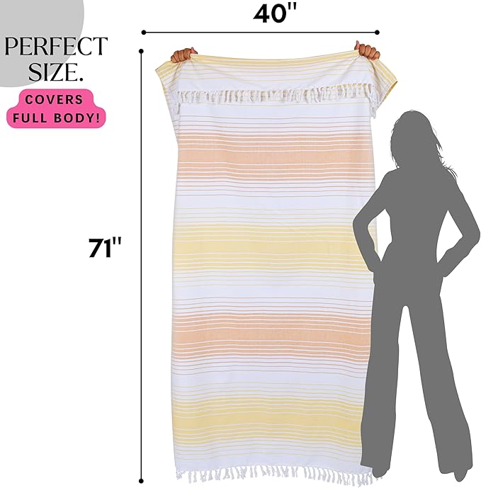 Native Fab Turkish Stripe Beach Towels 4 Pack - 40x71 Inch 100% Cotton Quick Dry Lightweight Thin Sand Free - Extra Large Peshtemal Towel for Adults Travel Bath Spa Pool Gym Camp, Yellow
