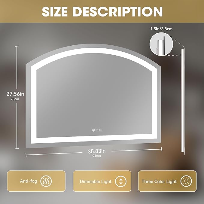 Hasipu 36x28 Inch LED Bathroom Mirror Arch Vanity Mirror with Lights Frontlit Smart Touch Sensor Dimmable 3 Colors Temperature Shatterproof Wall-Mounted Vanity Mirror Metal Frame