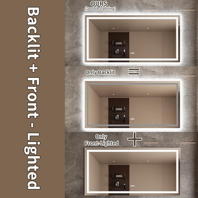 Bathroom Mirror with Lights 36"X72" with Front Light and Backlit, Tempered Glass, Wall Mount Horizontal/Vertical, Stepless Dimmable, 3 Colors, Anti Fog, Bathroom Memory LED Mirror