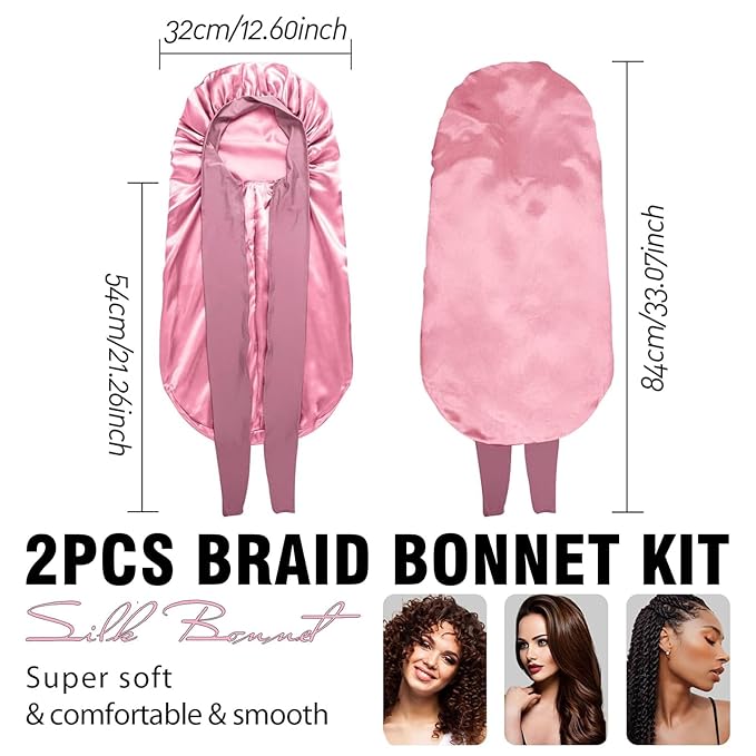2Pcs Bonnets for Black Women Braid Bonnet, Large Long Satin Bonnet for Braids, Silk Bonnet with Stretchy Tie Band Sleep Cap Hair (2Pcs-Black&Rose Pink)