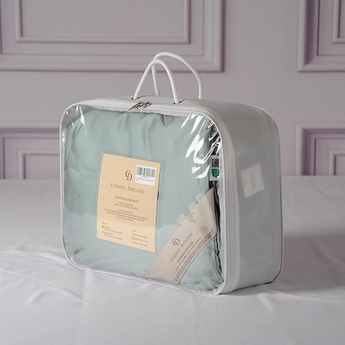 CUDDLE DREAMS Lightweight Silk Filled Comforter for Summer, Detachable Tencel Duvet Cover for Easy Care, Naturally Breathable (Celadon, Queen)