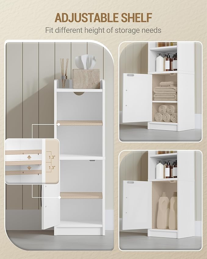 Bathroom Storage Cabinet, Small Farmhouse Corner Floor Cabinet with Door and Shelves, Narrow Toilet Paper Holder Stand, Bathroom Organizer with Adjustable Shelf, for Small Spaces, White