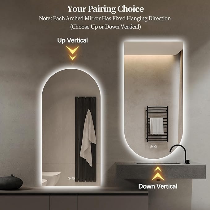 Arched LED Bathroom Mirror, 40"x24" Arch Framless Backlit Mirror with Lights Vanity Mirror for Makeup, Anti-Fog, Dimmable, 3-Color, Memory Function, IP65 Waterproof, UL Listed, Vertical-Inverted