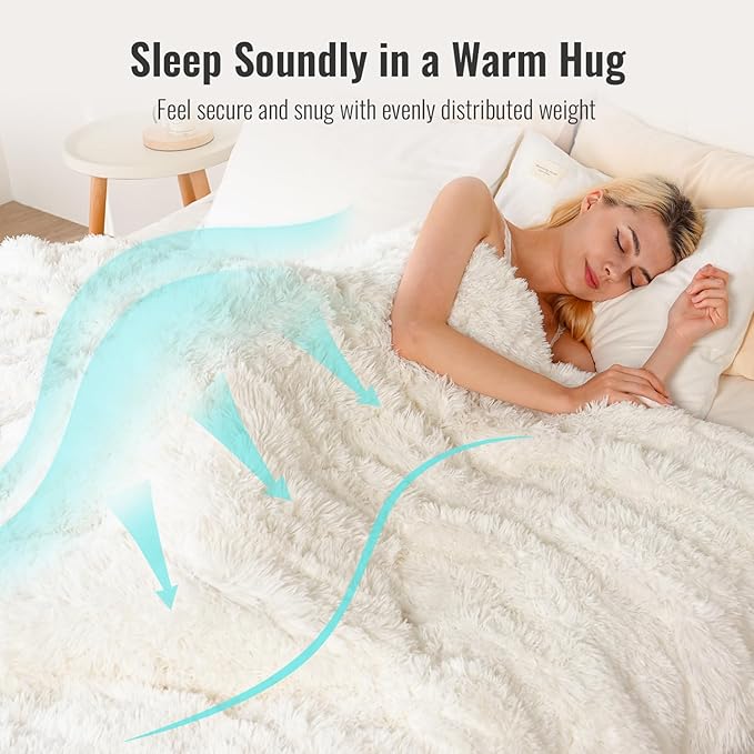 Uttermara Shaggy Faux Fur Weighted Blanket 15lbs, Super Soft Plush Fleece and Cozy Sherpa Reverse, Decorative Long Fur Throw Blankets 60"x80" Cream