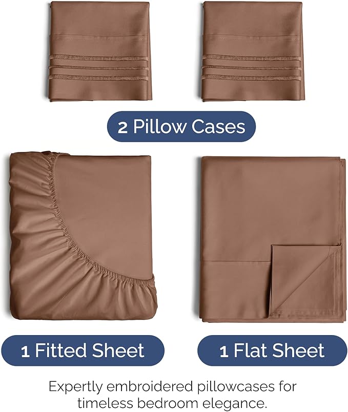 Queen Size 4 Piece Sheet Set - Extra Soft, Breathable & Cooling - Hotel Luxury Durable Bed Sheets - Deep Pockets, Easy-Fit & Wrinkle-Free - Copper Brown Oeko-Tex
