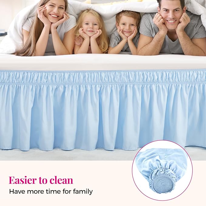 RIMELA Light Blue Bed Skirt Queen Size 18 Inch Drop, Elastic Bed Skirting for Bed Base and Frame, Bedding Dust Ruffle Easy to Install, Lightweight Wrap Around Adjustable Bedskirt