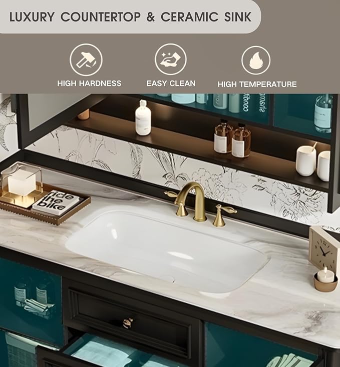 Freestanding Bathroom Vanity with Sink, Solid Wood Bathroom Vanity Set, Vintage Bathroom Vanities with Large Capacity Storage Cabinet and Open Shelf, Elegant Vanities (White,52")