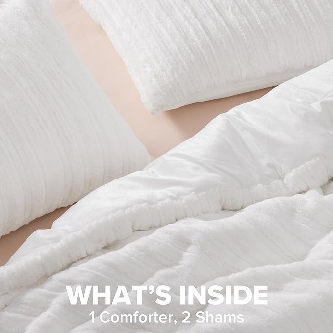 UGG King Comforter Set with 2 Pillow Shams Plush Faux Fur Bedding Soft Warm Down Alternative Comforter Washable Hypoallergenic Fluffy Blanket Set for Bedroom, California/King Size, White Snow (Kenzie)