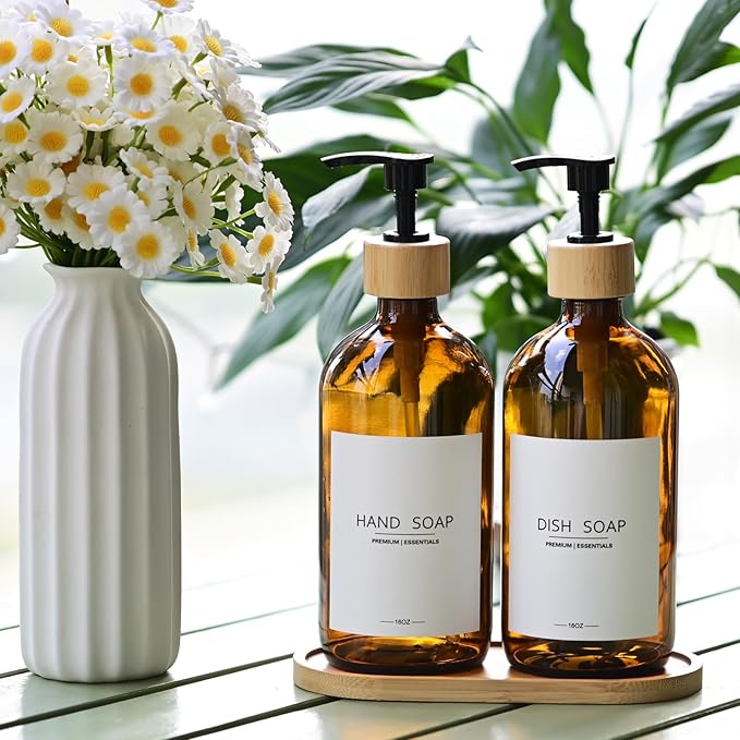 Luxury Glass Soap Dispenser Set - 2 Refillable 16.9oz Bottles, Bamboo Pump & Tray for Farmhouse & Modern Decor, 9 Waterproof Labels for Kitchen/Bathroom (Amber Bottle+Black Bamboo Pumps+Tray)